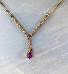 Briolette Necklace, Brass Filigree, Purple Gems, Victorian Jewelry, Purple Glass, Rolo Chain, Gems Jewelry, Glass Necklace