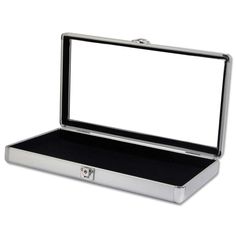 an open silver box with a white screen on the inside and black lining around the lid