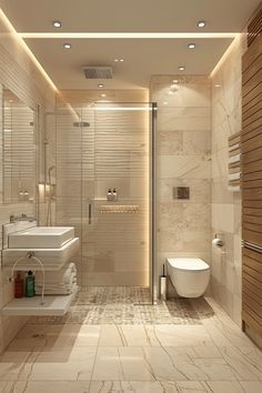 a modern bathroom with marble tile flooring and walls