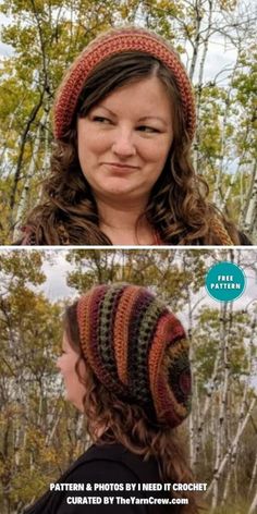 two pictures with the same woman wearing a crochet hat