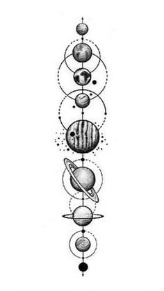 a drawing of the solar system with eight planets and four stars on each one side