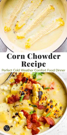 corn chowder recipe in a white bowl with text overlay