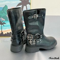 Olivia Mark - Fashionable Knee-High Boots with Straps Cow Hide Shoes, Timeless Boots, Soft Sole Slippers, Elegant Boots, High Quality Boots, Rough Heels, Classic Slippers, Black Chunky Heels, Trendy Boots