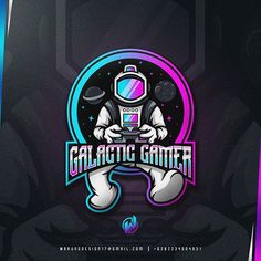 the galactic gamer logo with an astronaut holding a game controller in his hands, on a dark background