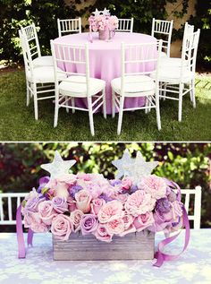 the table is decorated with pink flowers and white chairs, while the centerpieces are purple roses