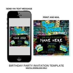 a birthday party card with an image of a cell phone and the text, name here