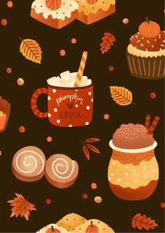 an image of fall desserts and cupcakes on a black background with falling leaves