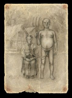 an old drawing of a man holding a pitchfork next to a naked woman