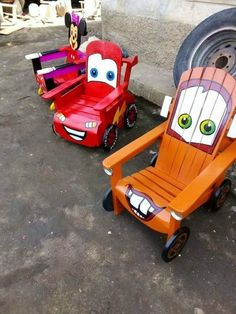 two children's chairs with cars painted on them