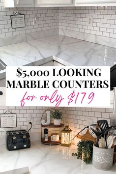 a kitchen counter with the words $ 5, 000 looking marble counters for only $ 79