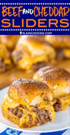 two cheeseburger sliders on a plate with text overlay that reads beef and cheddar sliders