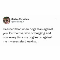 a tweet that reads, i learned that when dogs lean against you it's their version of hugging and now every time my dog learns against me