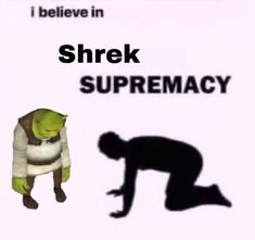 a poster with an image of a man kneeling in front of a shrek