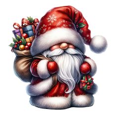 a santa clause holding a bag full of presents and christmas decorations on his chest,