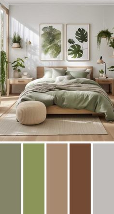 a bedroom with green and brown colors in the walls, bedding and rugs