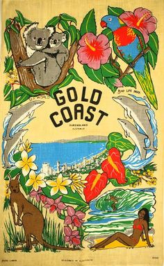 a towel with an image of koalas and other animals on it, along with the words gold coast