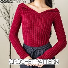 a woman wearing a red knitted sweater with the words crochet pattern on it