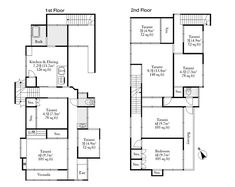 two story house plans with second and third floors in the same floor plan, one is for