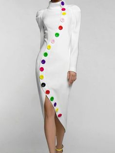 Inspiration Dress, High Neck Midi Dress, Dress Elegant Long, Long Sleeve Fitted Dress, Dress Designer, Slim Fit Dresses, Super Ideas, White Midi Dress, Long Sleeve Midi Dress