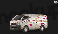 the van is decorated with hearts and other things in pink, yellow, white and black