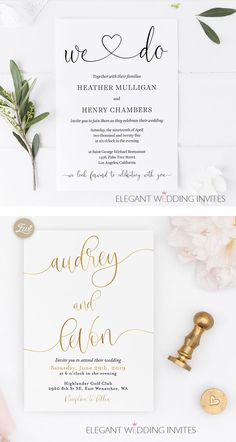 wedding stationery with gold foil lettering and calligraphy