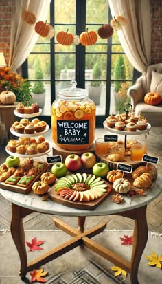 a table topped with lots of different types of foods and desserts on top of it