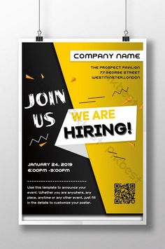 a yellow and black poster with the words we are hiring on it