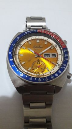 Seiko "Pogue pepsi bezel" Note; This watch is popularly known as 'the Pogue' having been worn by Col. William R. Pogue during a NASA mission to space in 1973 making it the first automatic chronograph to be worn is space.  6139-6002 automatic chronograph. All  parts original seiko . Only bezel after market,very good condition.  1977  model.  movement original seiko 6139B   Good  condition.  Watch + chronograph + return + reset + days + watch all in very good condition . serviced and working well. Silver Retro Chronograph Watch With Chronometer, Retro Chronograph Watch With Chronometer, Nasa Missions, Wristwatch Men, Wrist Watches, Vintage Watches, Chronograph, Nasa, Favorite Jewelry