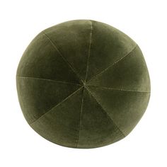 an olive green velvet poufle on a white background with the top stitched off