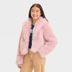 Your child will adore the cozy warmth and stylish look of this Short Faux-Fur Jacket from art class™. Made from midweight recycled polyester, this faux-fur jacket is fashioned in a solid shade. Tailored in a short-length silhouette, it's finished with an elaborate collar neckline, open front and long sleeves. art class™: One-of-a-kind looks for the one and only you. Short Faux Fur Jacket, Wool Overcoat, Pink M, Ribbed Leggings, Flare Leggings, Girls Leggings, Kids Outfits Girls, Shearling Jacket, Faux Fur Jacket