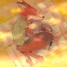 a drawing of a fox and a cat cuddling together on a blanket with stars in the background