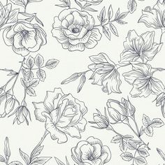 a bunch of flowers that are drawn in black and white ink on a sheet of paper