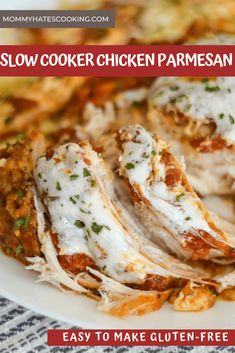 slow cooker chicken parmesan on a plate with text overlay that reads easy to make gluten - free