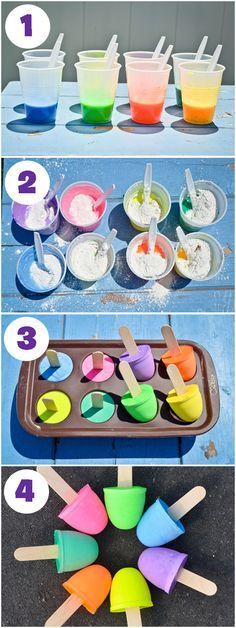 ice cream popsicles are being made in different colors and shapes, with the instructions for how to make them