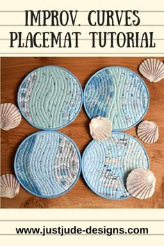 three plates with seashells on them and the words imppov curves placemat