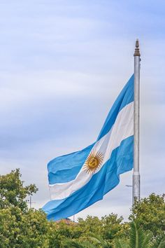 the flag of argentina is flying high in the sky above some trees and bushes on a cloudy day