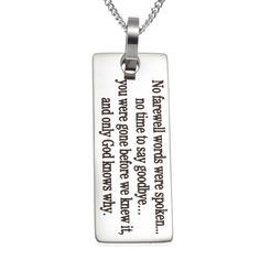 No-Farewell-Pendant-Necklace Rectangular Keepsake Jewelry For Mother's Day, Inspirational Rectangular Jewelry For Gifts, Stainless Steel Dog Tag Jewelry For Memorial, Rectangular Stainless Steel Necklaces With Engraved Text, Rectangular Stainless Steel Necklace With Engraved Text, Memorial Jewelry With Engraved Text For Mother's Day, Mother's Day Memorial Jewelry With Engraved Text, Anniversary Dog Tag Jewelry With Engraved Text, Anniversary Jewelry Dog Tag With Engraved Text