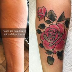 two photos side by side one with a rose and the other with leaves on it