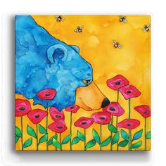 a painting of a bear and bees on a yellow background with red poppies in the foreground