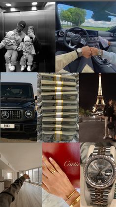 a collage of photos with people and cars in them, including a woman holding a baby