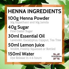 an advertisement for henna ingredients in front of a green background with leaves and flowers