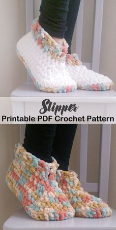 crocheted slippers are sitting on top of a white chair with the text, free crochet slipper pattern