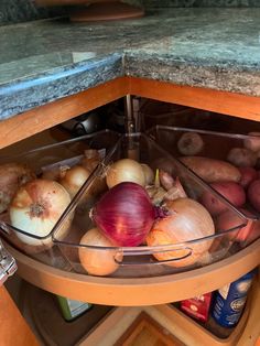 an open cabinet with onions and other food items