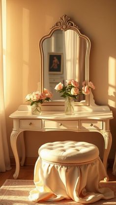 a dressing table with flowers on it and a stool in front of the vanity mirror