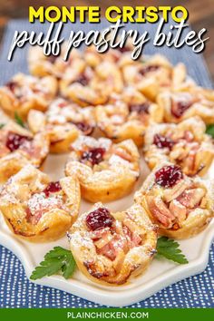 small pastries on a white plate with the words monte cristoo puff pastry bites