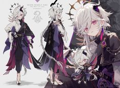 two anime characters dressed in black and purple outfits, one with white hair and the other wearing