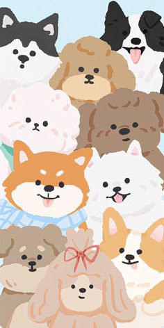 a bunch of dogs that are all different colors and sizes, with one dog in the middle