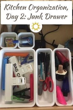 the kitchen organization junk drawer is organized with items such as pens, pencils and scissors