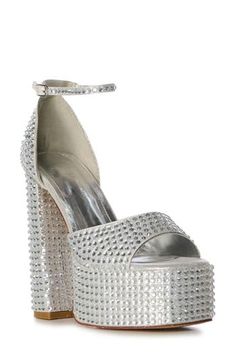 Glistening rhinestones shower a sky-high platform sandal that'll have you ready to strike a pose. 5 1/4" heel (size 8.5) 2" platform (size 8.5) Synthetic or textile upper/synthetic lining and sole Adjustable ankle strap with buckle closure Imported Asian & Pacific Islander Owned/Founded Pacific Islander, Azalea Wang, Nordstrom Store, Sky High, Strike A Pose, Anniversary Sale, Platform Sandals, Women's Shoes Sandals, Ankle Strap