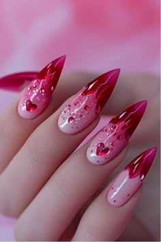 Hot Pink And Red Nails, Nail Ideas Designs, Fesyen Rambut, Stiletto Nails Designs, Blush Nails, Glow Nails, Almond Nails Designs, Bright Nails, Manicure Ideas